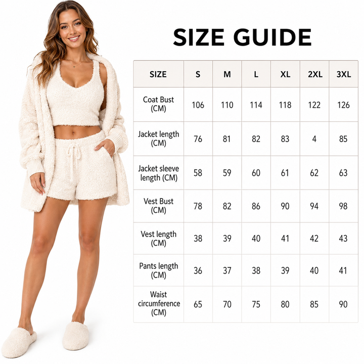 3 piece lounge set women size guide with cream outfit model and supplied S to 3XL measurements in a clean table product view.