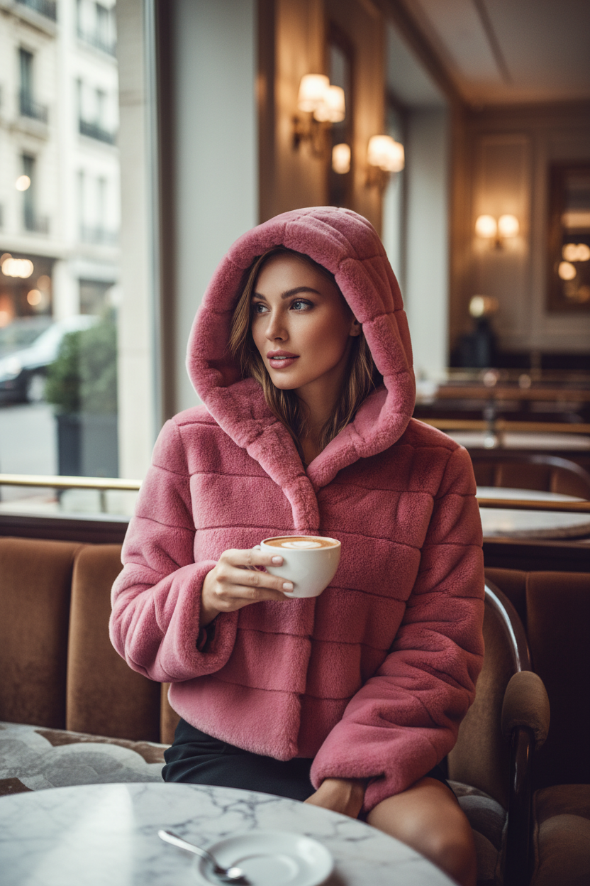Short hooded faux fur coat styled over a dress for an elegant evening look with soft texture and a practical cover in winter.