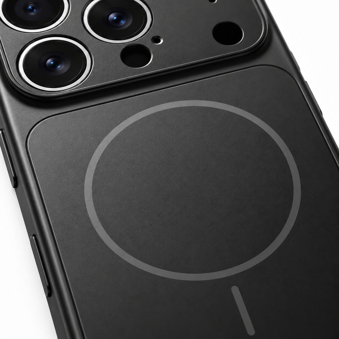 Classic Black MagSafe phone case macro view highlighting the nano frosted back texture and centered magnetic ring detail.