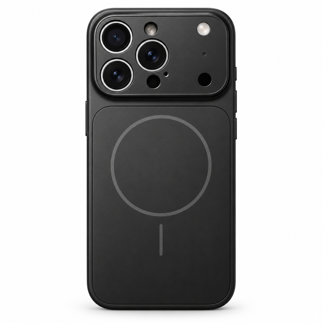 MagSafe phone case in Classic Black with nano frosted glass styling, magnetic ring detail and raised camera guard on white.