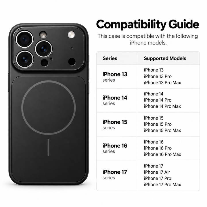 MagSafe phone case compatibility guide for listed iPhone 13, 14, 15, 16 and 17 series models.