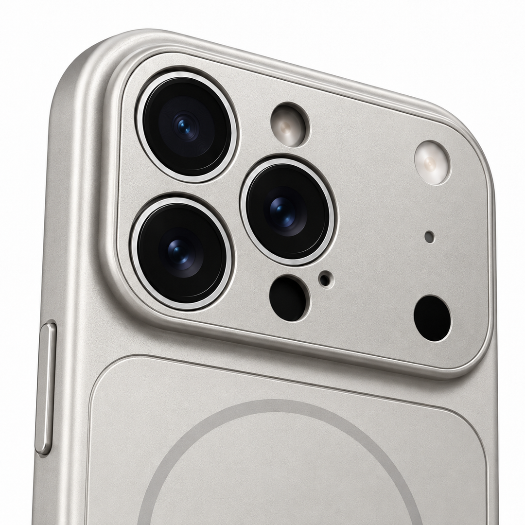 Titanium Silver MagSafe phone case close-up showing the raised rectangular camera guard and verified camera opening details.