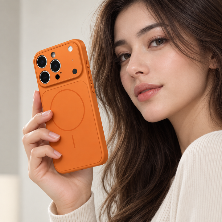 Vibrant Orange MagSafe phone case held by a professional model, showing the back design, magnetic ring and slim side profile.