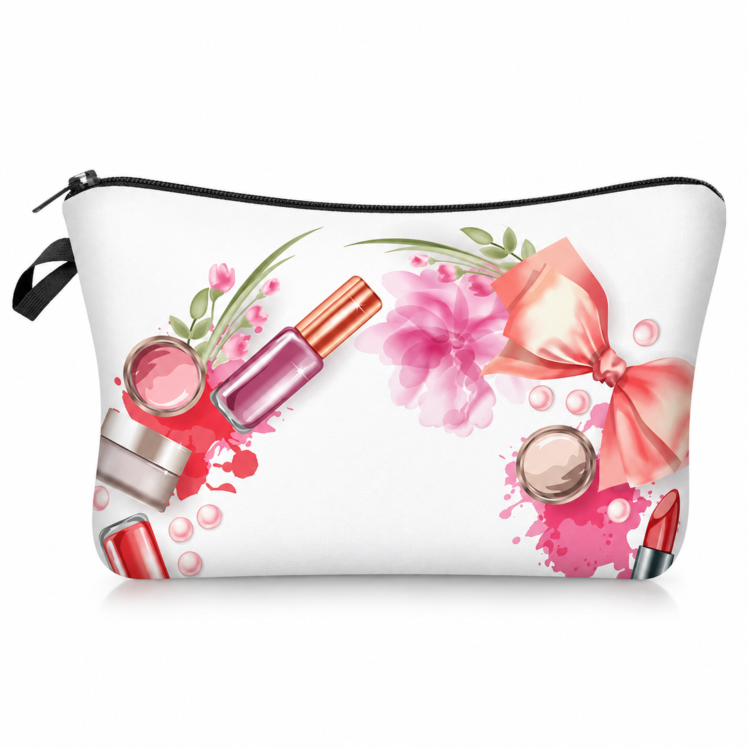 Makeup bag with pink floral beauty print, cosmetics illustration and black zipper