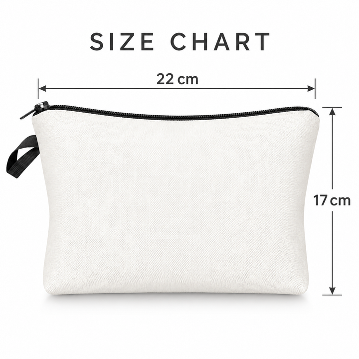Makeup bag size chart showing verified width 22 cm and height 17 cm