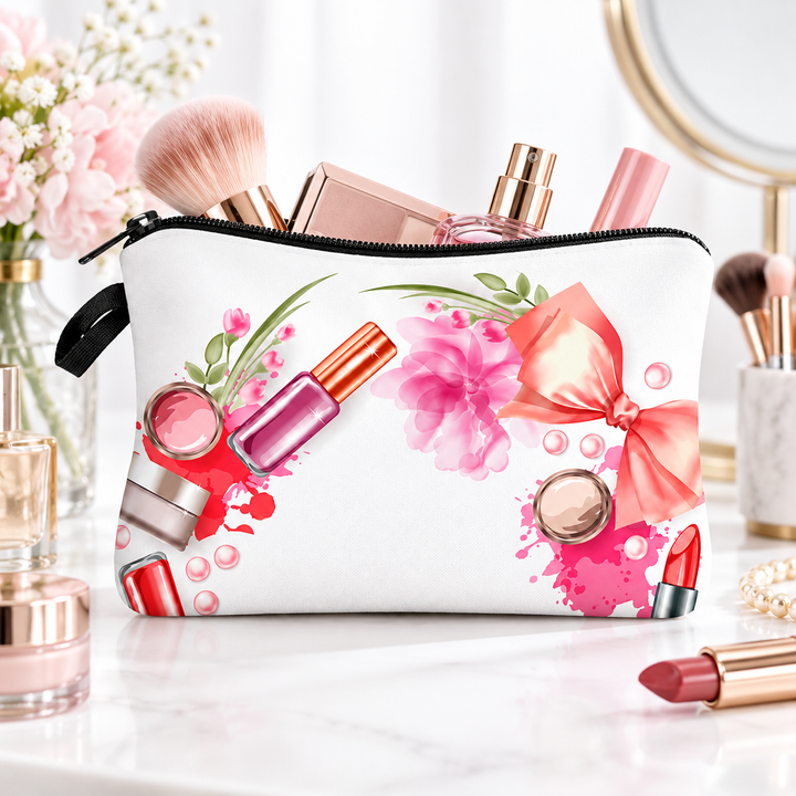 Watercolor cosmetics makeup bag shown in a clean vanity lifestyle setting