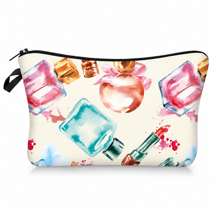 Makeup bag with watercolor perfume, lipstick and cosmetics print on a cream background