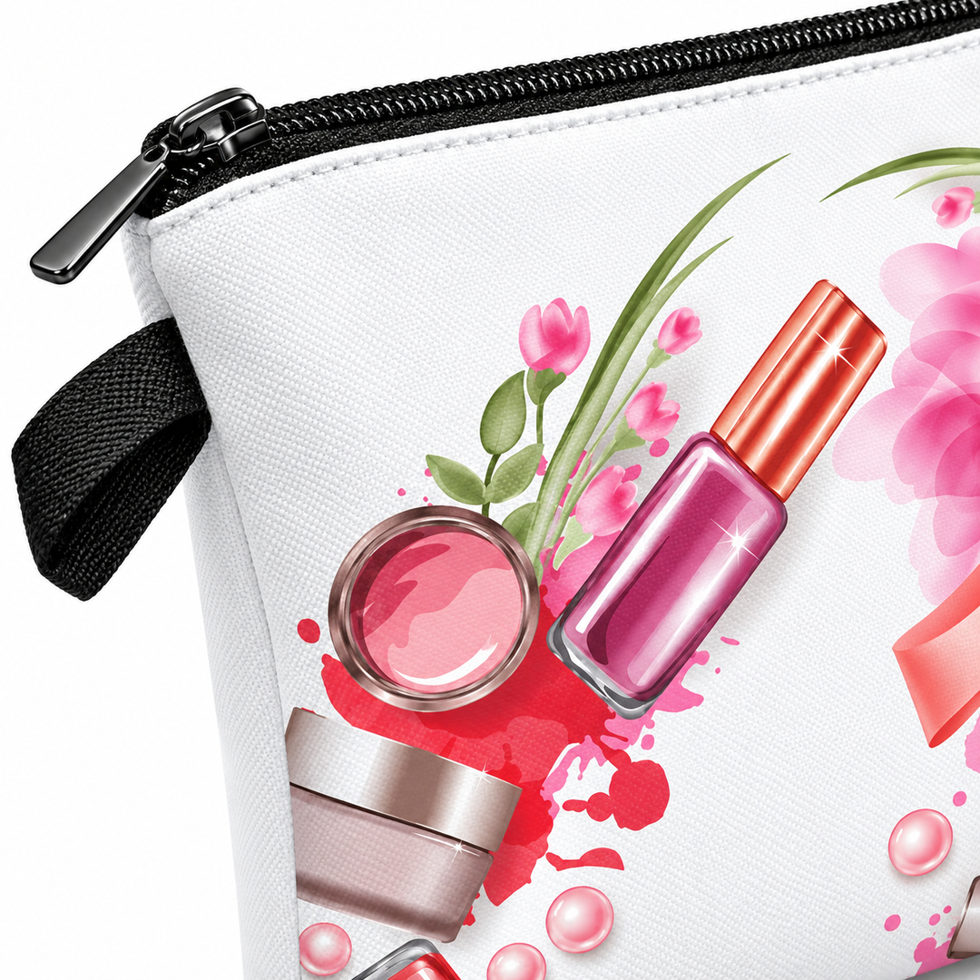 Close-up of makeup bag printed surface, black zipper edge and stitching detail