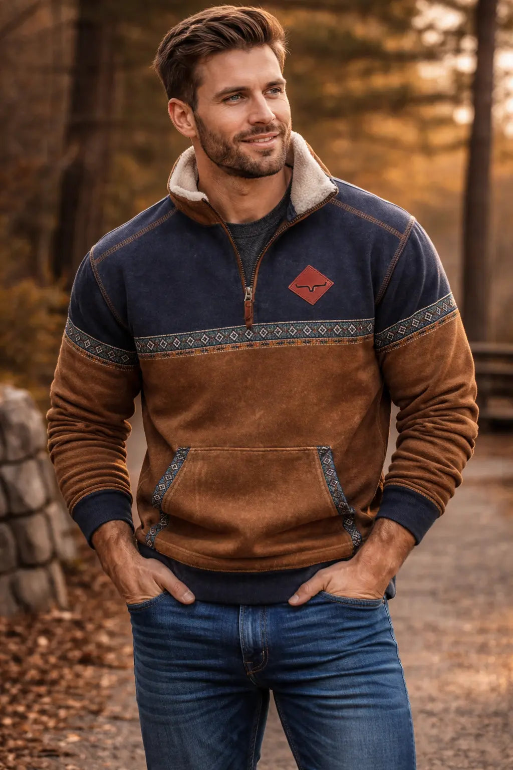 men's quarter zip sherpa pullover folded colorblock navy brown with Aztec trim for gift ready winter staple