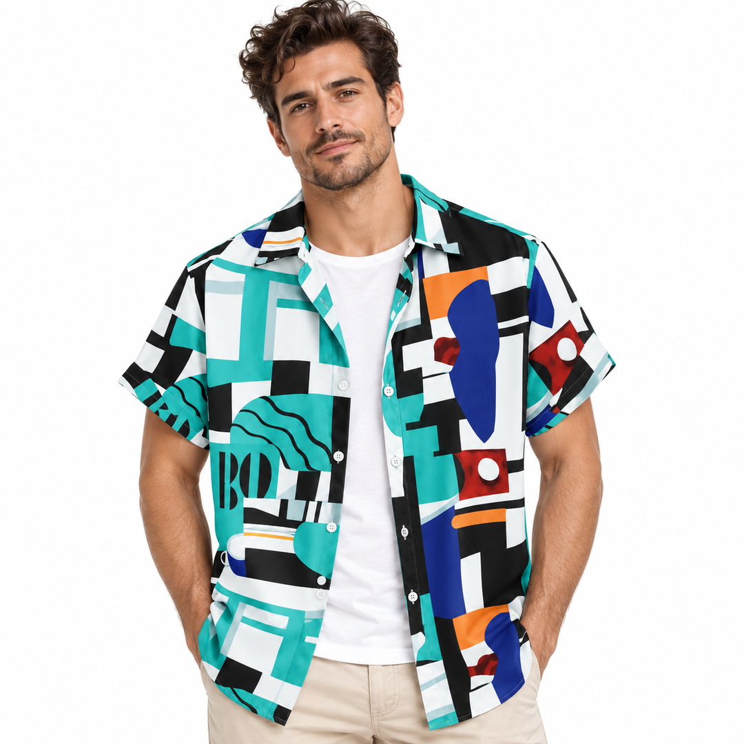 Men's multicolor printed shirt styled open over a plain white tee on a professional model against a clean white background.
