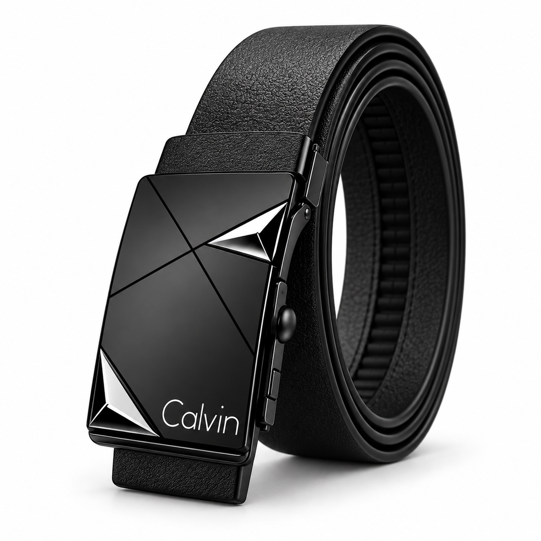 Three-quarter view of black automatic buckle belt with silver geometric buckle