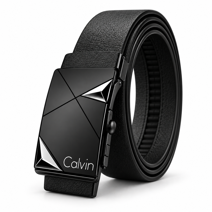 Three-quarter view of black automatic buckle belt with silver geometric buckle