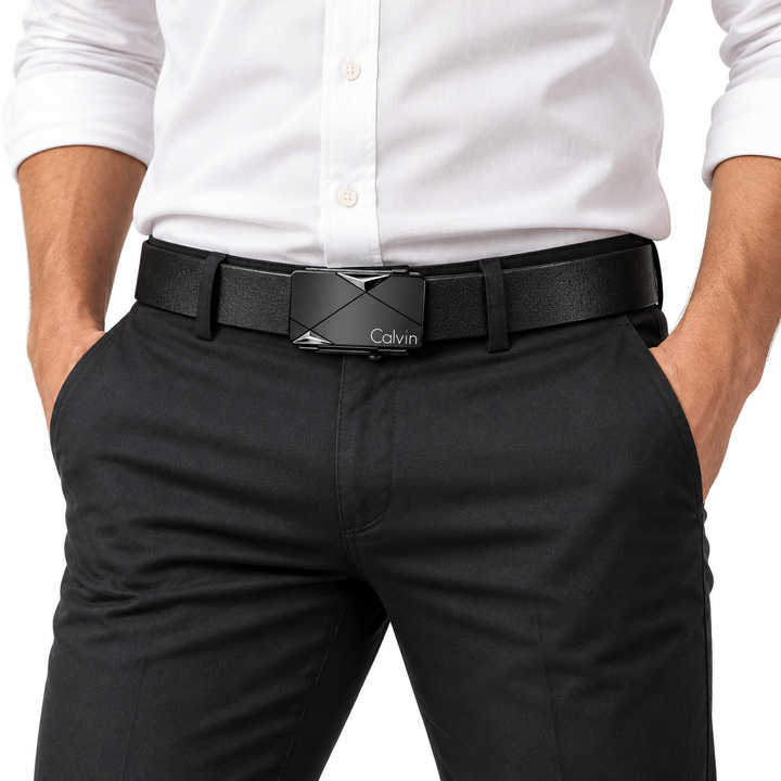 Men wearing black automatic buckle belt with silver accent buckle