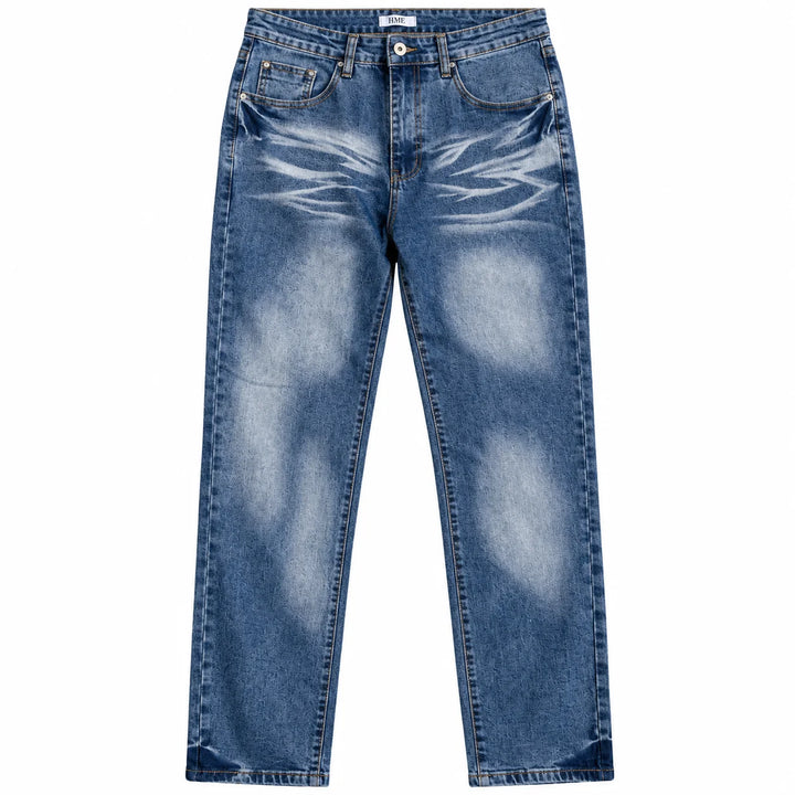 Front flat lay of blue denim jeans showing belt loops, HME label, button, front pockets, pale thigh fading and straight hems.