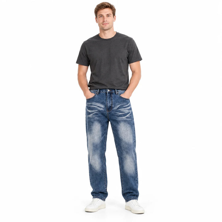 Second male model wearing blue washed straight-leg jeans with charcoal T-shirt and white sneakers in a full-body studio view.