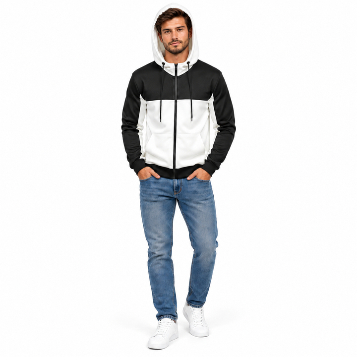 Black and white zip hoodie with hood up on male model