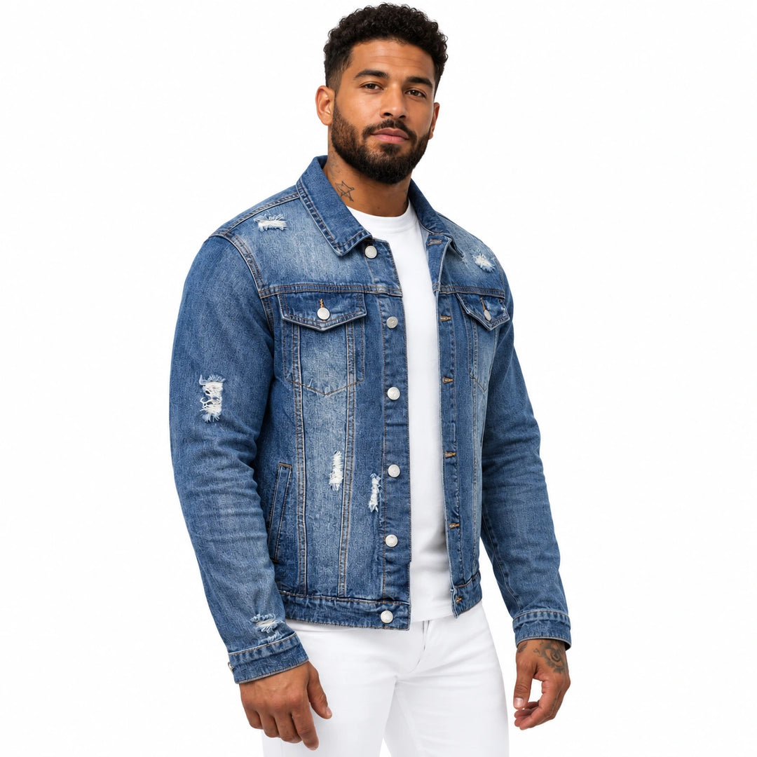 Men's washed blue denim trucker jacket angle view