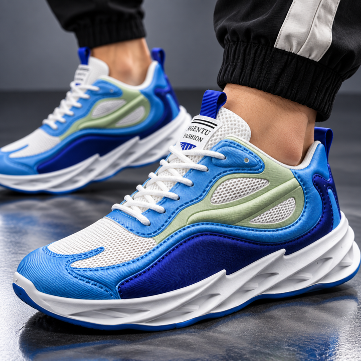 Close view of blue mesh running sneakers worn by a male model