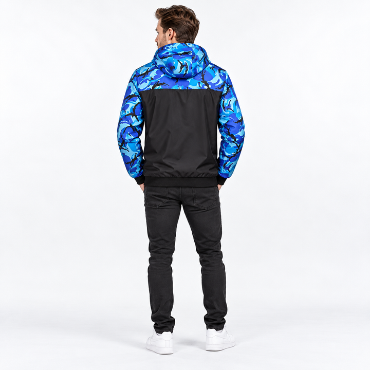 Blue camouflage jacket on model, rear studio view