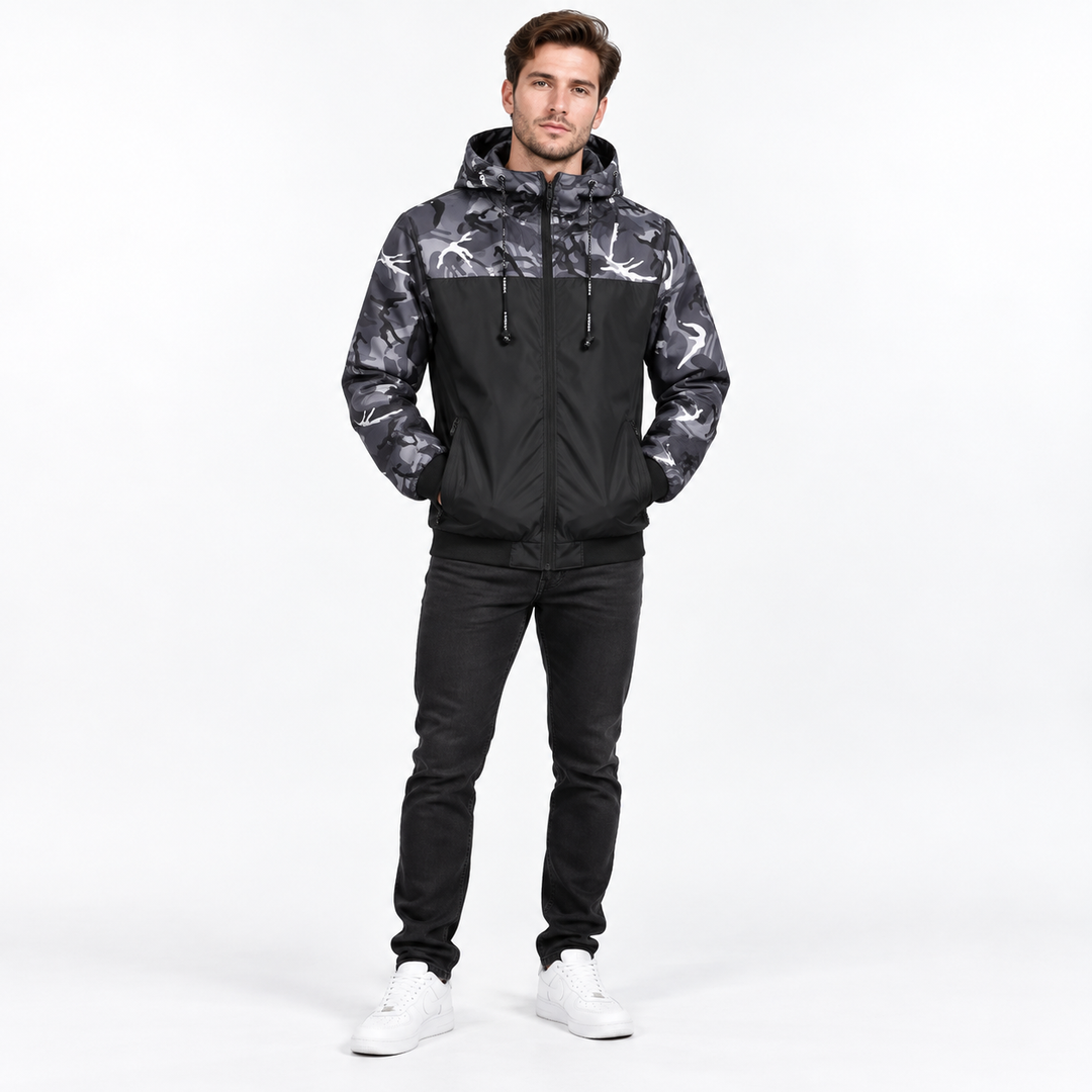 Gray camouflage jacket on model, front studio view