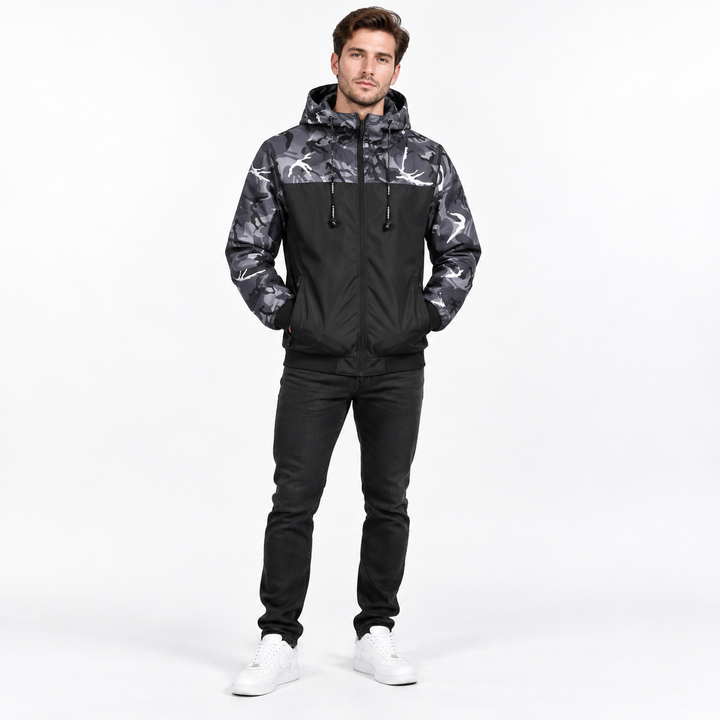 Gray camouflage jacket on model, front studio view