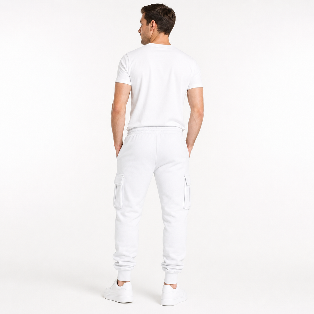 Male model wearing white cargo jogger pants shown from the back on a clean white studio background.