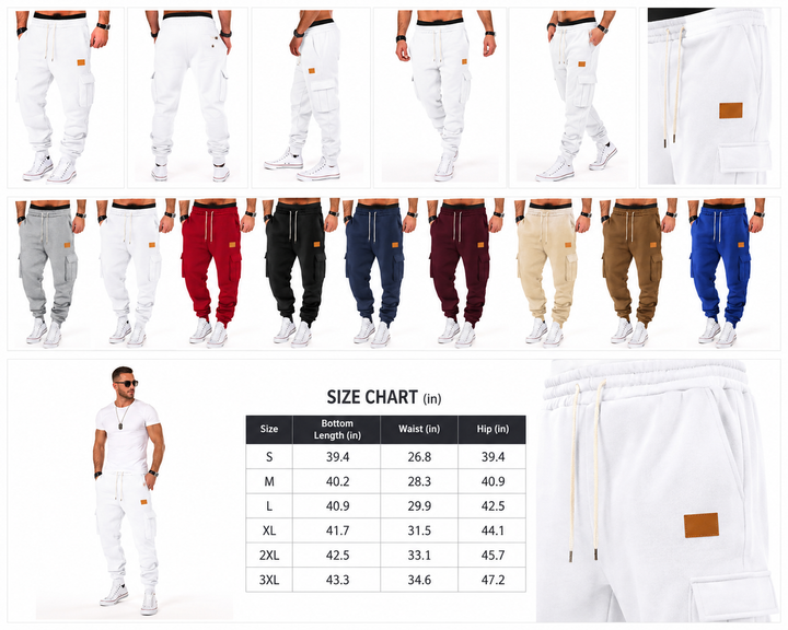 White cargo jogger pants on a male model beside the size chart for S to 3XL with bottom length, waist and hip measurements.