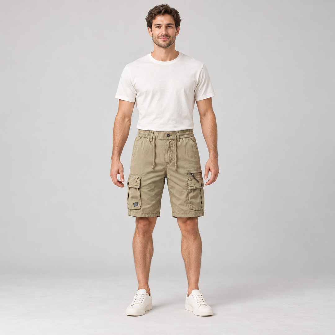 Front view of khaki cargo shorts with drawstrings and buttoned thigh pockets on a full-body model.