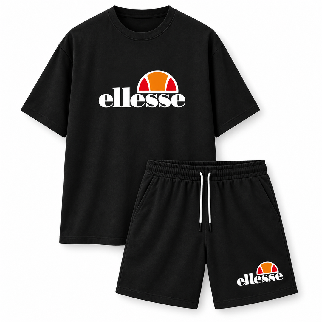 Black T-shirt and black drawstring shorts set displayed front view on a clean white background for clear product viewing.