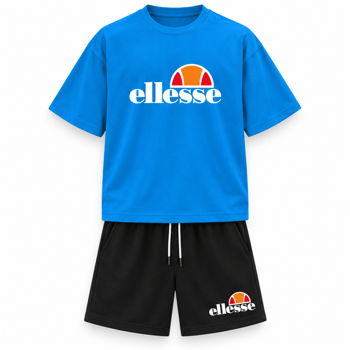 Blue T-shirt and black drawstring shorts set displayed front view on a clean white background for easy product comparison.