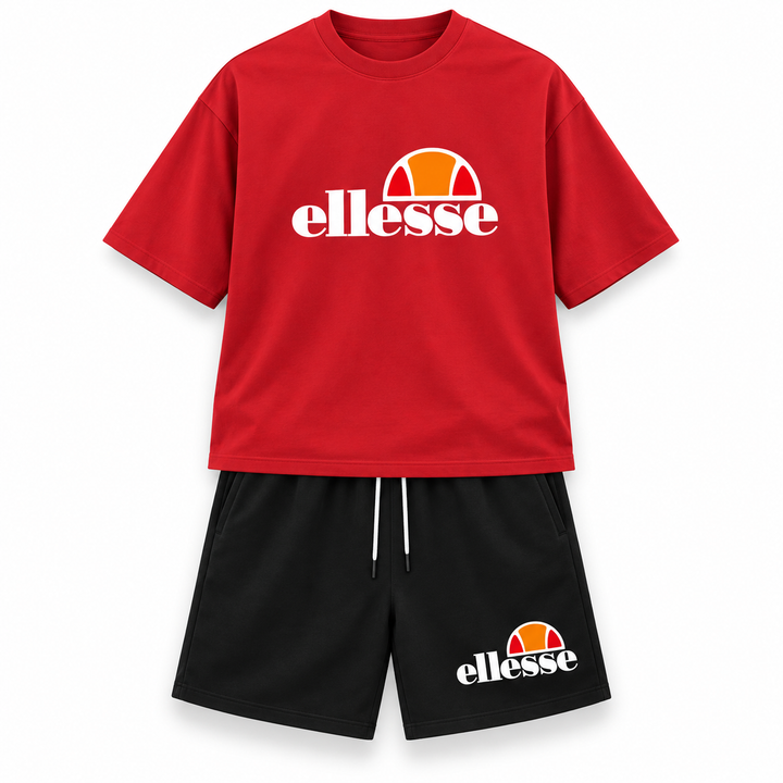 Red T-shirt and black drawstring shorts set displayed front view on a clean white background for clear variant viewing.