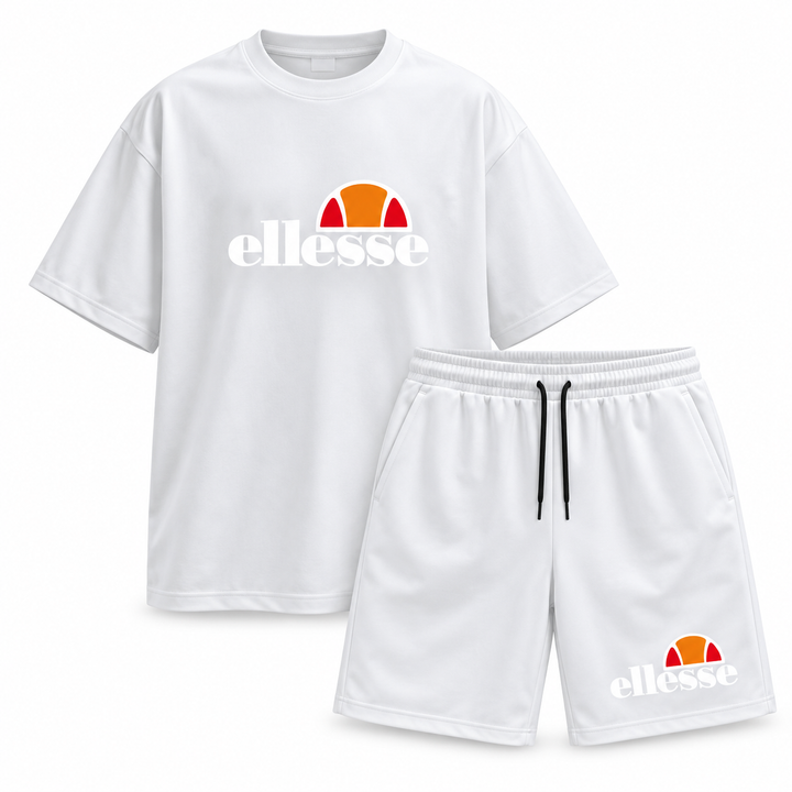 White T-shirt and white drawstring shorts set displayed front view on a clean white background for clear product viewing.