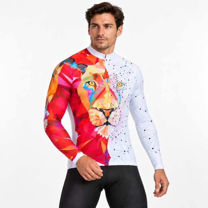 Red and white lion long sleeve cycling top presented as the verified product design on a clean light studio background image.