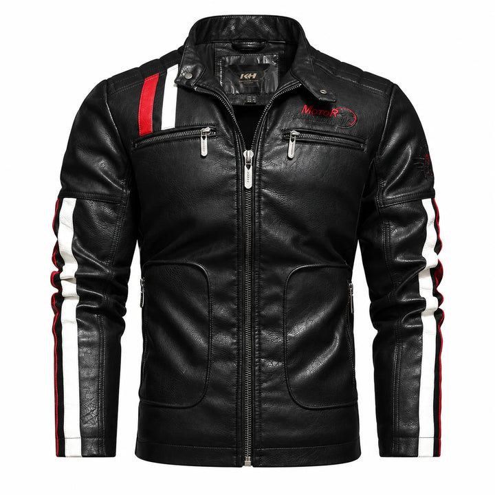 Black embroidered PU faux leather jacket with stand collar, chest zippers and contrast sleeve stripes