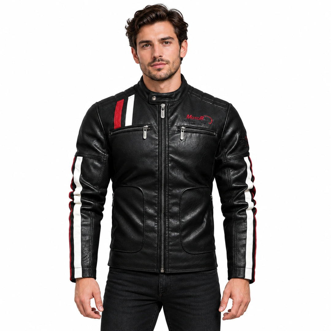 Front view of a male model in the black embroidered faux leather jacket with red and white stripe details
