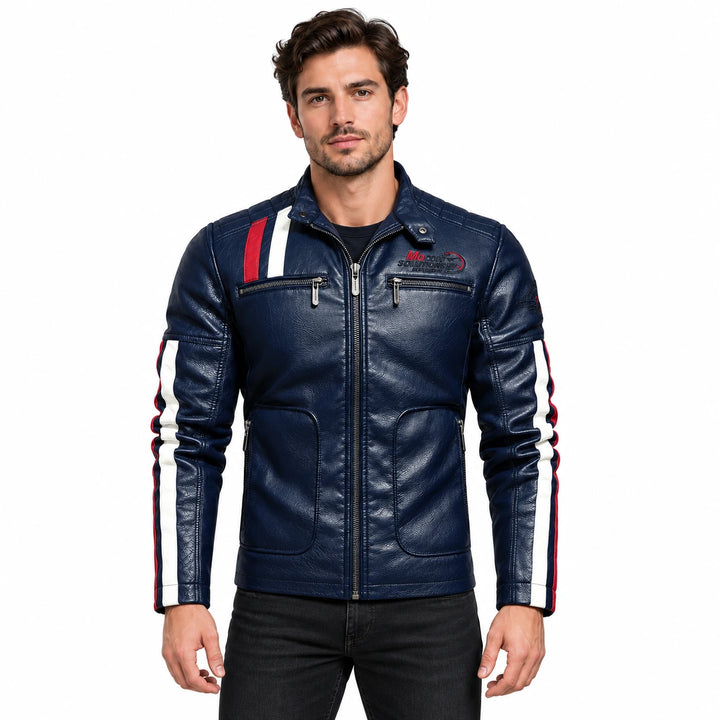 Male model wearing the blue embroidered PU faux leather jacket with contrast stripes on a white background
