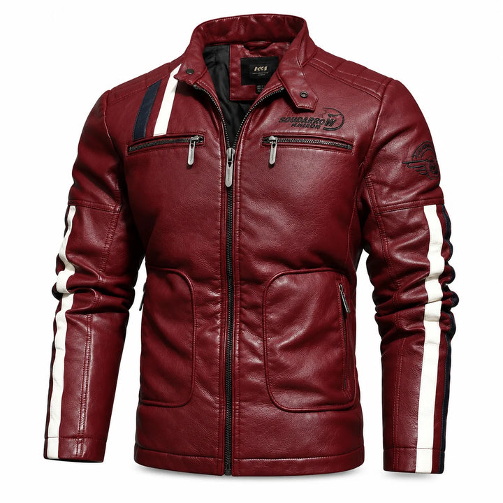 Burgundy red embroidered faux leather jacket with contrast stripes in a three-quarter studio view