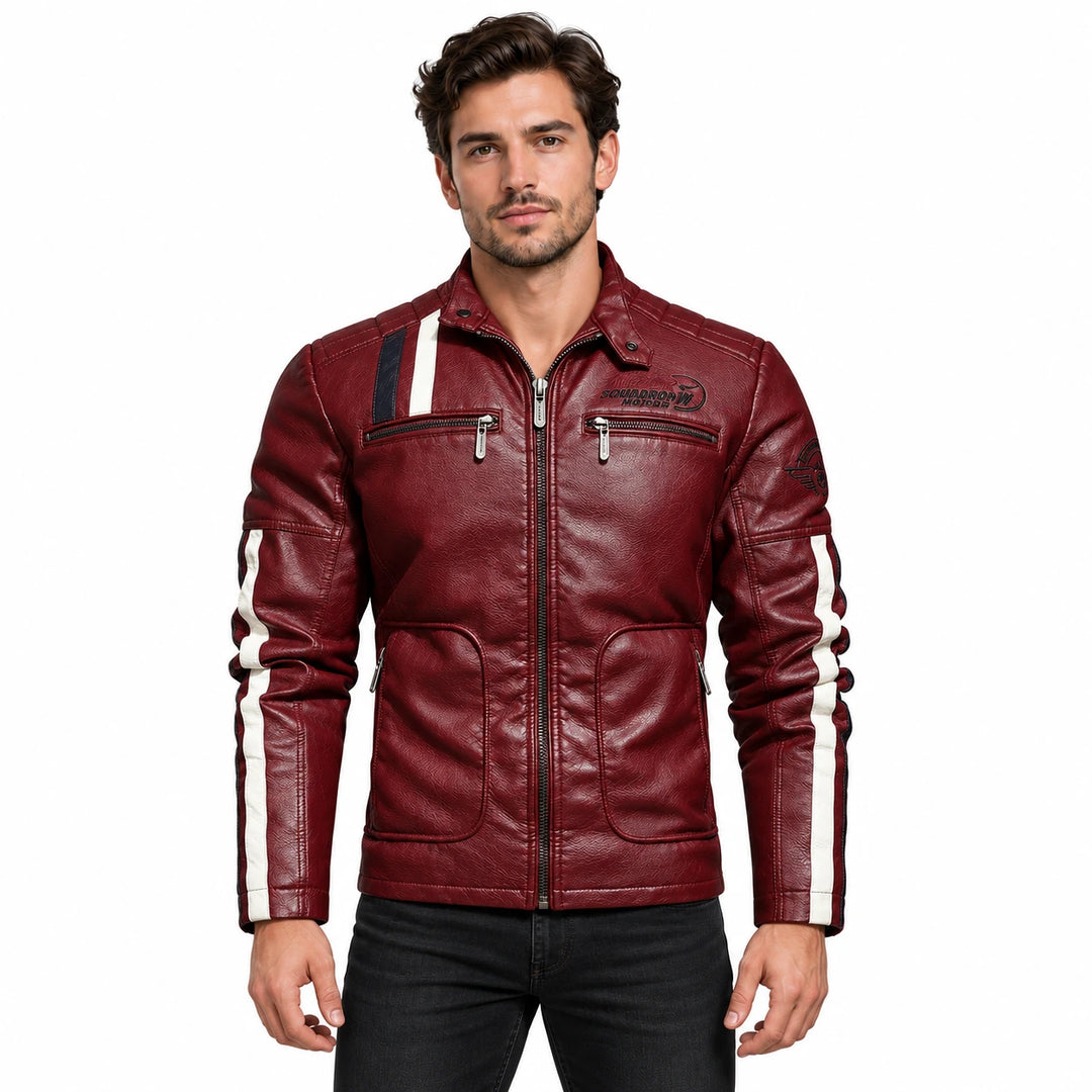 Male model wearing the burgundy red embroidered faux leather jacket with white and dark contrast stripes