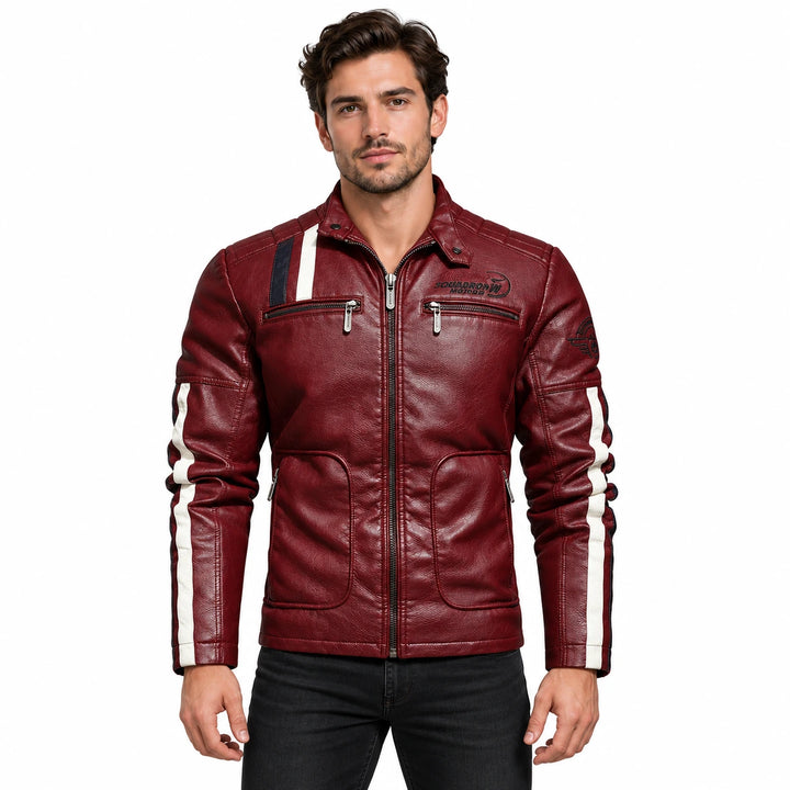 Male model wearing the burgundy red embroidered faux leather jacket with white and dark contrast stripes