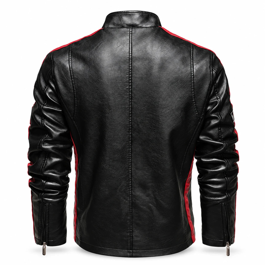 Rear view of the black faux leather jacket showing back seams, stand collar and red shoulder accents