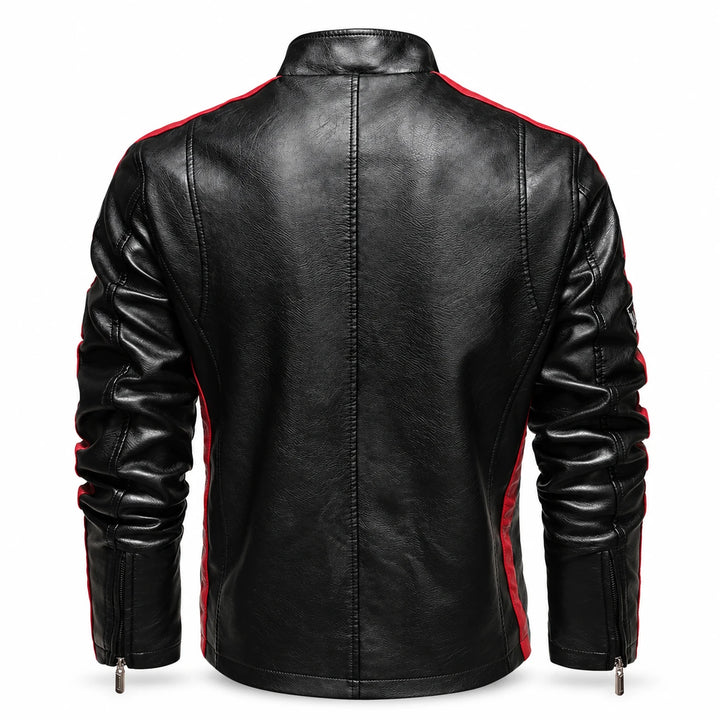 Rear view of the black faux leather jacket showing back seams, stand collar and red shoulder accents