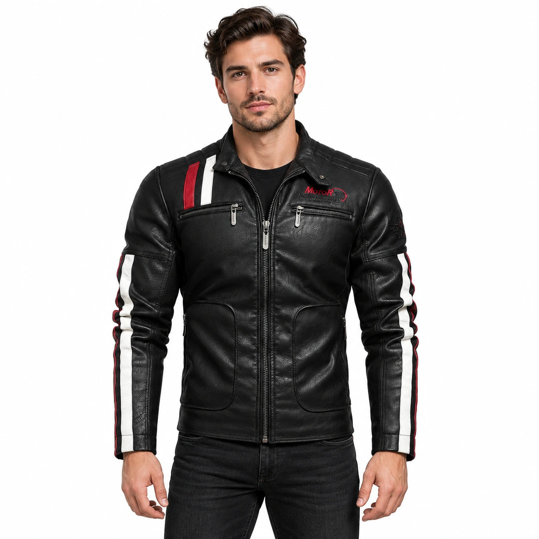 Male model wearing the black embroidered faux leather jacket with a plain shirt and dark jeans