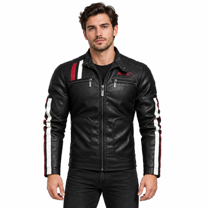 Male model wearing the black embroidered faux leather jacket with a plain shirt and dark jeans