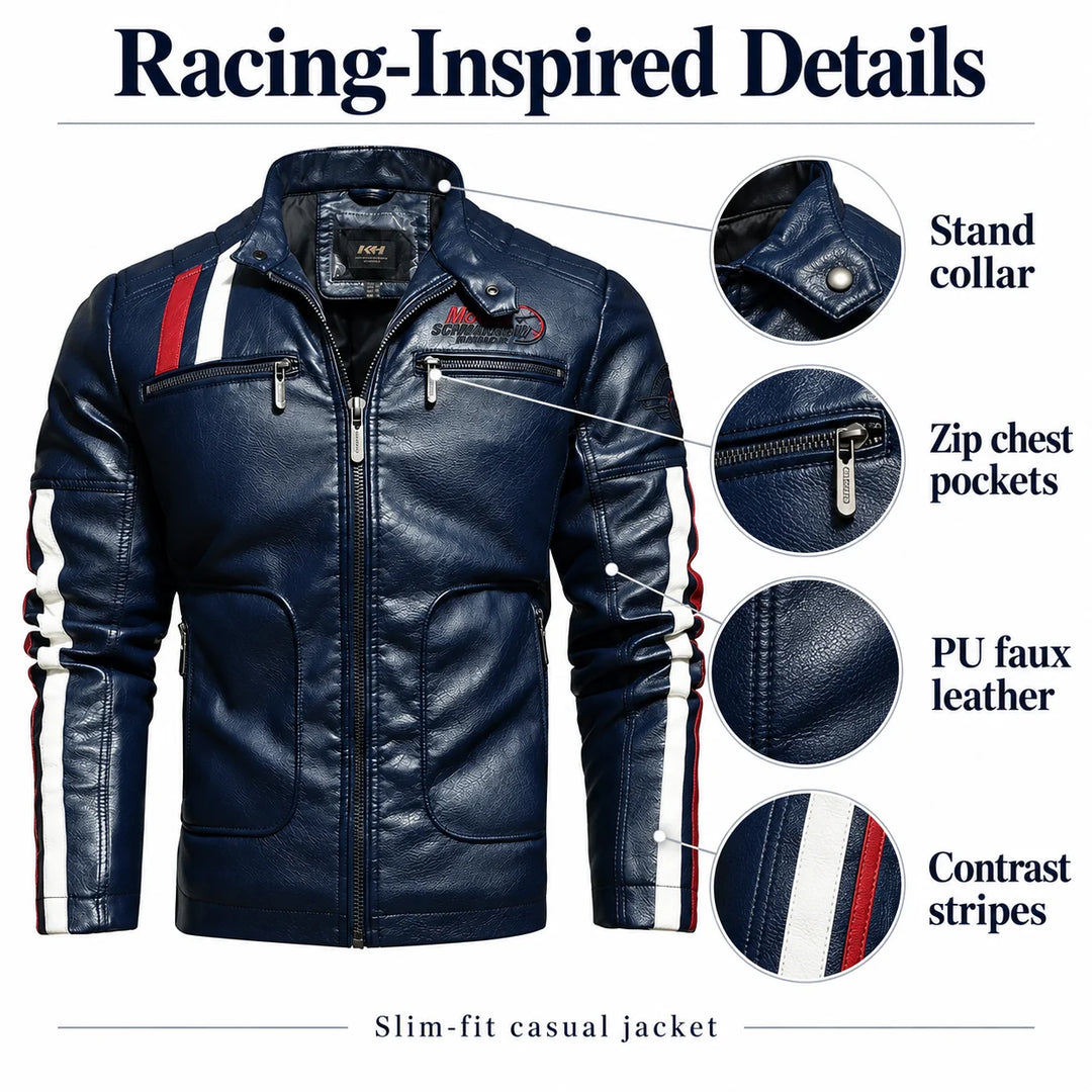 Product feature guide showing PU faux leather, stand collar, zip chest pockets and contrast stripes