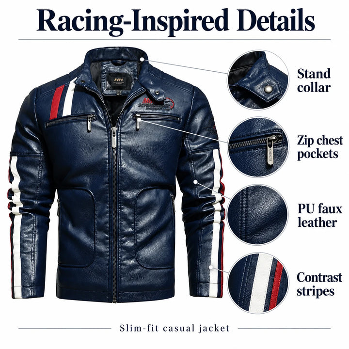 Product feature guide showing PU faux leather, stand collar, zip chest pockets and contrast stripes