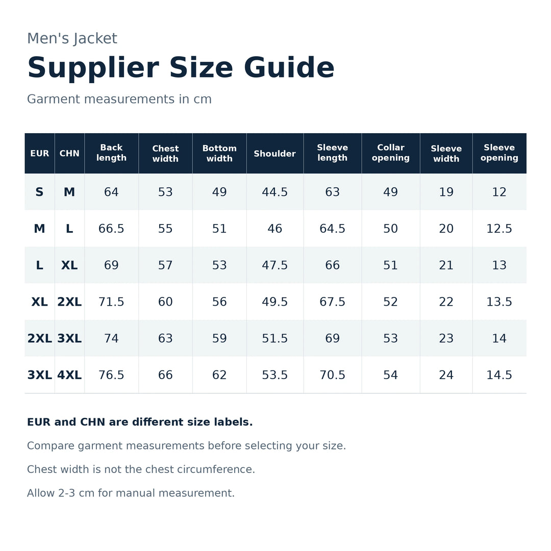 Supplier size guide with EUR and CHN sizes, garment measurements and a 2 to 3 cm measurement allowance