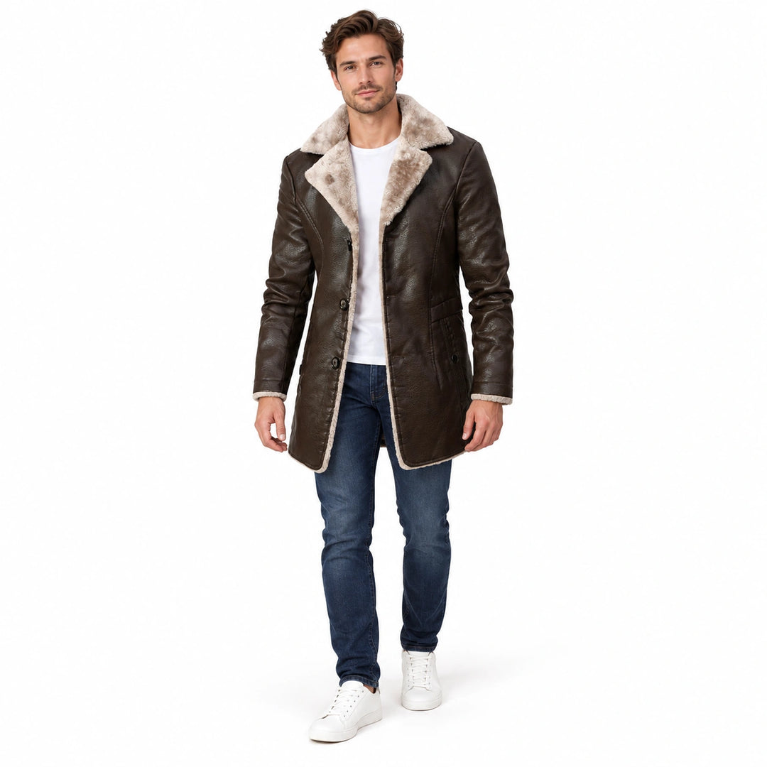Men's dark brown faux leather lapel coat worn by a model
