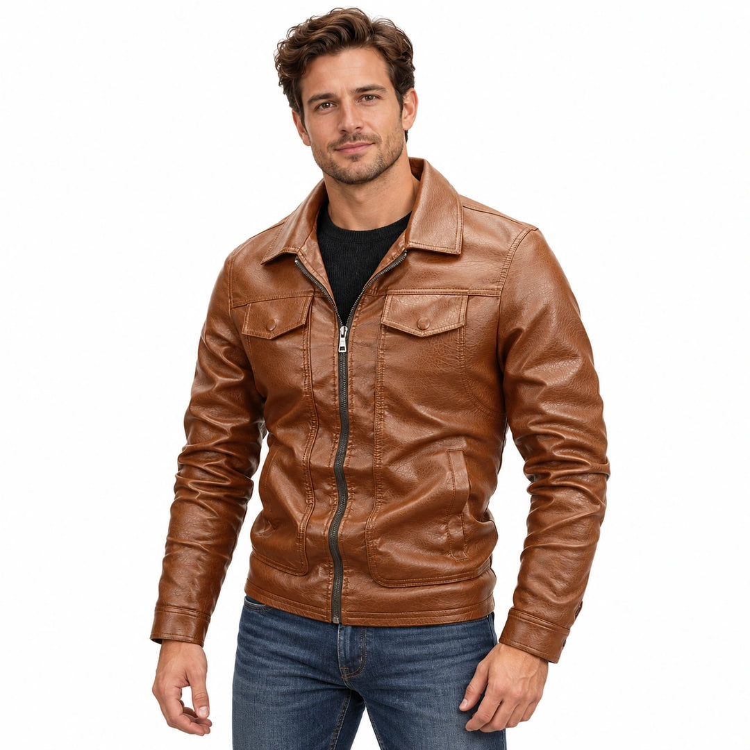 Men's brown faux leather zip jacket angle view