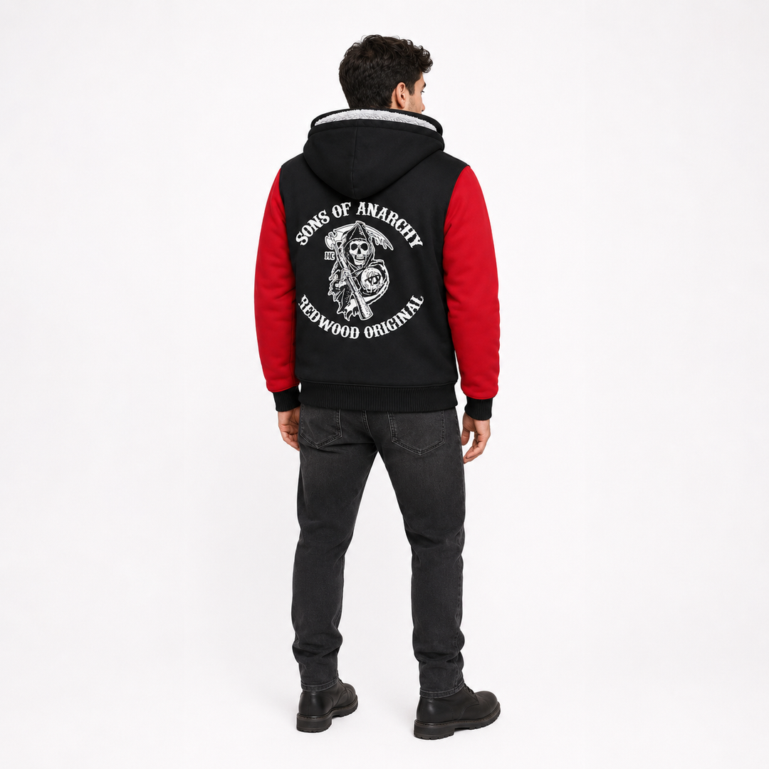 Men's fleece hooded jacket in red and black shown from the back on male model for a clear view of the hood and overall shape.