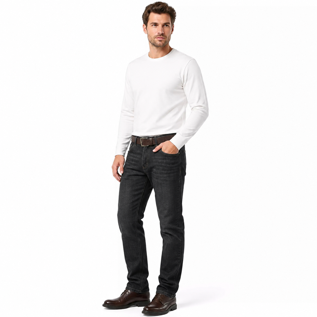Men's black fleece-lined jeans with straight loose fit on male model